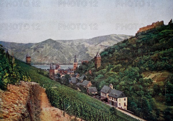 View of Bacharach and Stahleck from the Steegertal valley in 1910, Rhineland-Palatinate, Germany, photograph, digitally restored reproduction of an original artwork from the early 20th century, exact original date unknown.