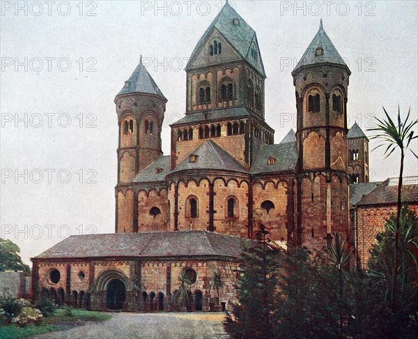 The abbey church of Maria Laach in 1910, Rhineland-Palatinate, Germany, photograph, digitally restored reproduction of an original artwork from the early 20th century, exact original date not known.