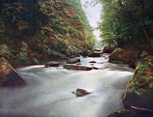 At the waterfalls of the Prüm near the ruin Prüm zur Lay in the Eifel in 1910, Rhineland-Palatinate, Germany, photograph, digitally restored reproduction of an original artwork from the early 20th century, exact original date not known.