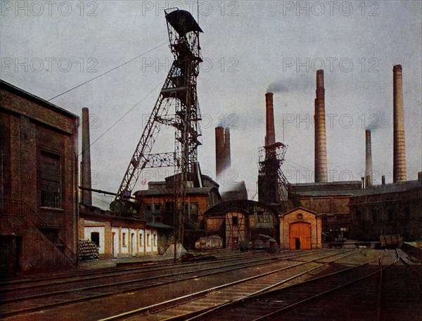 Thyssen colliery near Essen, in 1910, North Rhine-Westphalia, Germany, photograph, digitally restored reproduction of an original artwork from the early 20th century, exact original date unknown.