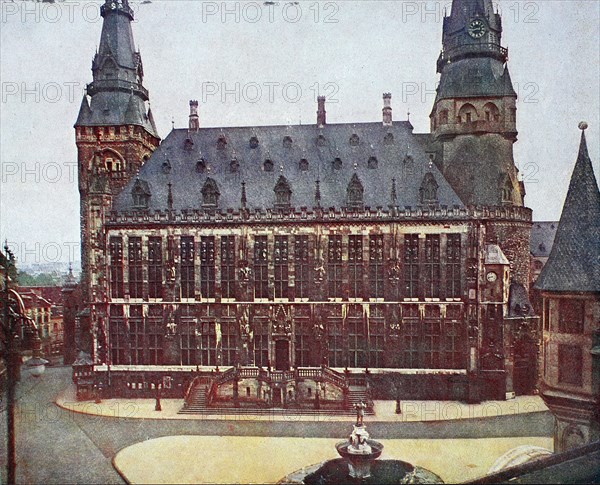 Aachen city hall in 1910, North Rhine-Westphalia, Germany, photograph, digitally restored reproduction of an original artwork from the early 20th century, exact original date unknown.