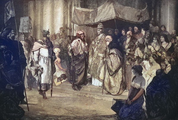Treffen von Kaiser Friedrich Barbarossa und Papst Alexander III. am 24. Juni 1177. Friedrich
