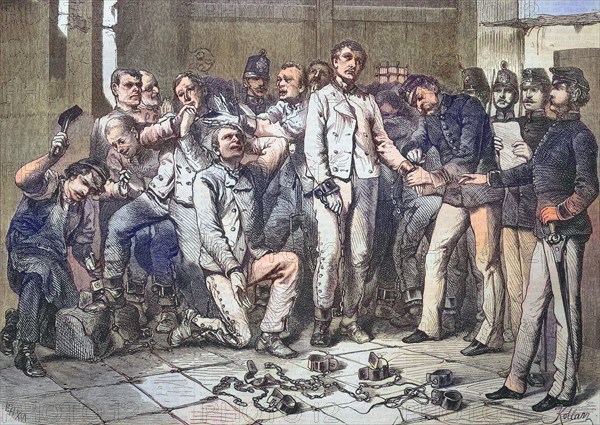 Kettenstrafe. Die Befreiung von der Kettenstrafe in Österreich durch Kaiserin Elisabeth von Österreich am 19. November 1867. Die Gefangenen werden von den Ketten befreit