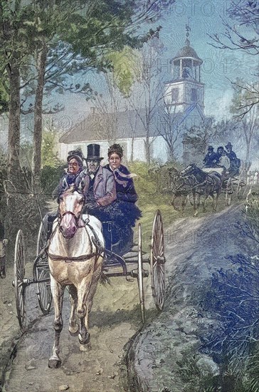 Amerikanische Bauernfamilie auf der Heimfahrt mit der Pferdekutsche nach dem Besuch der Kirche, Amerika, historical, digital improved reproduction of an original from the 19th century / digitale Reproduktion einer Originalvorlage aus dem 19. Jahrhundert, Originaldatum nicht bekannt, ca 1880.