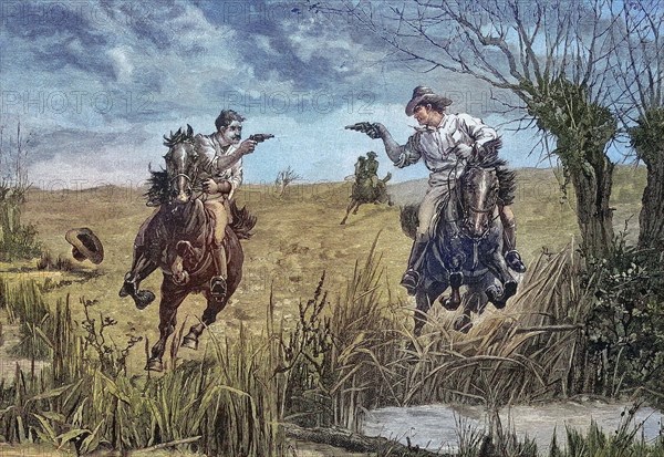 Amerikanische Cowboys duellieren sich mit Pistolen vom Pferd aus