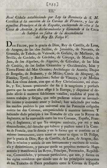 Royal Edict establishing by law the resignation of Philip V of Spain to the succession of the Crown of France.