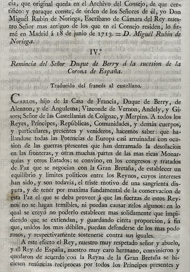 Royal Edict establishing by law the resignation of Philip V of Spain to the succession of the Crown of France.