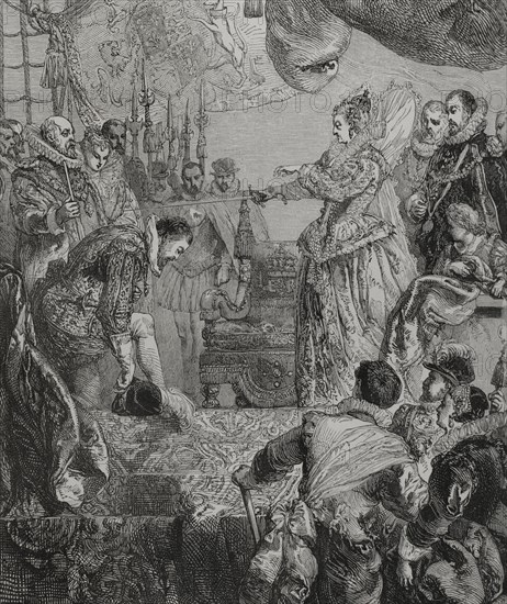 Queen Elizabeth I of England knighting Francis Drake on the deck of the "Golden Hind" in Deptford.