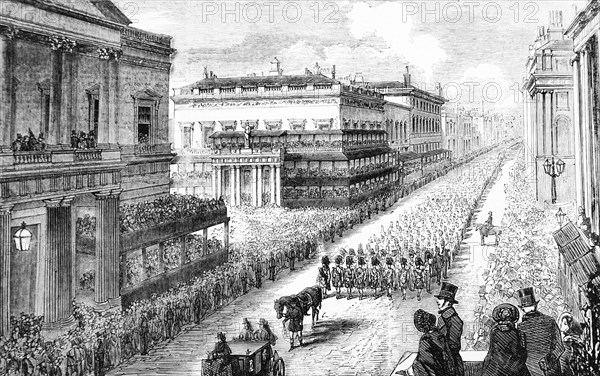 The funeral procession of the Duke of Wellington along Pall Mall.