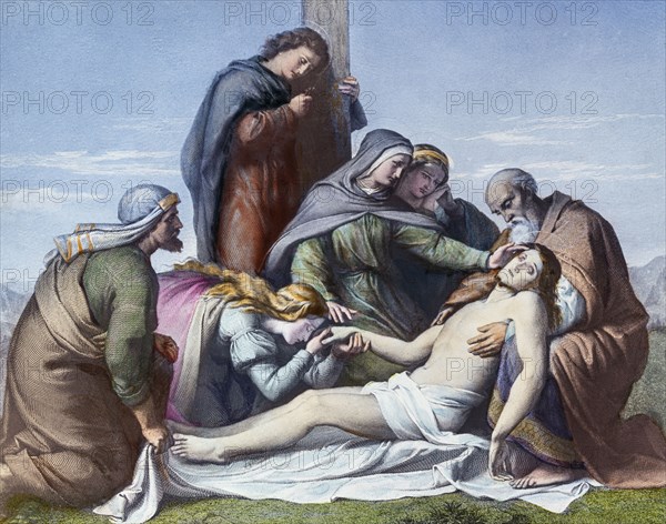 The dead Christ at the foot of the cross.