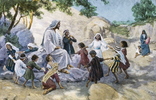 The Lord Is Joy, children Dancing And Playing Around Jesus Christ.