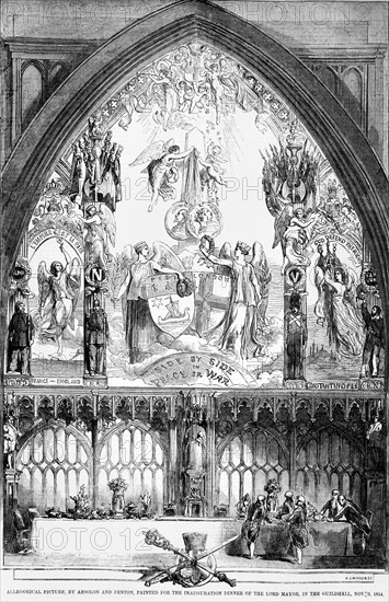 Allegorical picture by Absolon and Fenton, painted for the inauguration dinner of the Lord Mayor in the Guildhall.