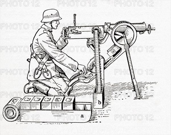 A German soldier operating a Maxim gun during WWI.