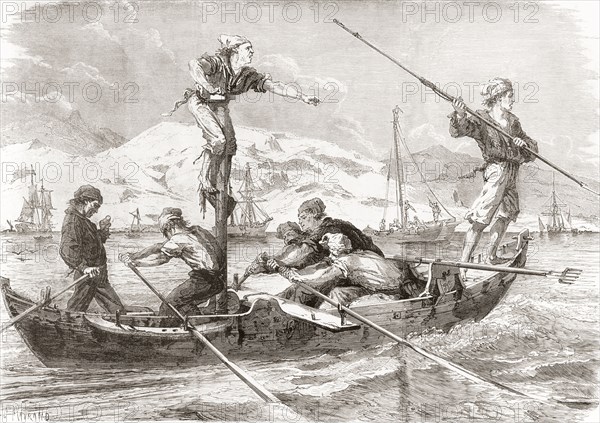 Fishermen using harpoons to catch swordfish on the coast of Sicily in the 19th century.