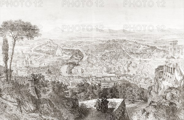 A bird's eye view of Rome, Italy in the 19th century.