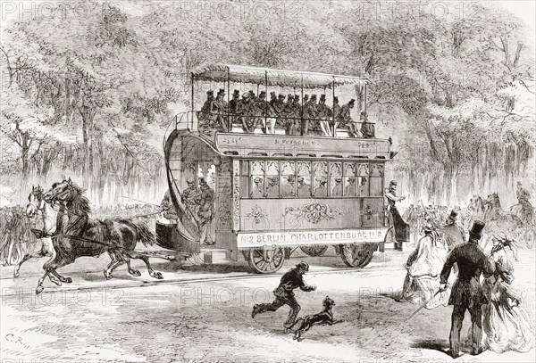 The first horse-bus or horse-drawn omnibus line from Brandenburger Tor, Berlin, Germany to Charlottenburg in 1825.