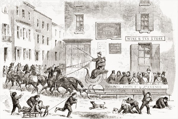 An 1865 omnibus sleigh pulled by six horses on a wintry street in New York City.