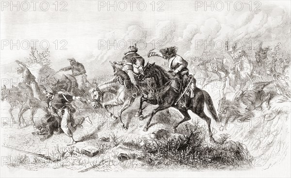 The defeat of guerrilla fighter Hawkins by Colonel Joseph Shelby during the American Civil War.