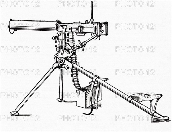 A machine gun mounted on a tripod, used during WWI.