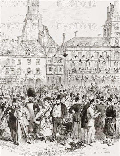 English tourists disembarking at the port of Calais, France for the The International Exposition of 1867.