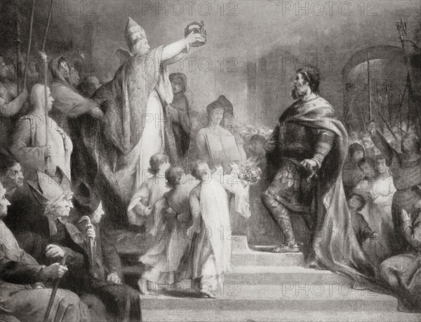 The coronation of Charlemagne as Roman Emperor in 800 by Pope Leo III on Christmas Day.