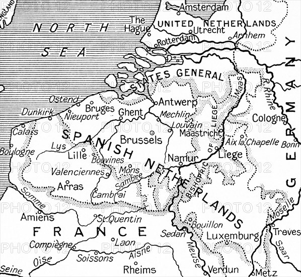 Map of the Spanish Netherlands following the peace treaty of Utrecht in 1713.