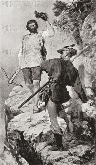 Gessler and William Tell face to face in a narrow defile.