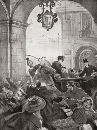 The assassination of King Carlos I of Portugal and his son Luis Filipe.