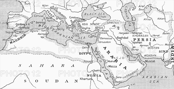 Map of the Umayyad Caliphate at its height around the turn of the 8th century.