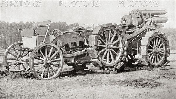 A German siege gun, a heavy howitzer gun developed in Germany at the start of World War One.