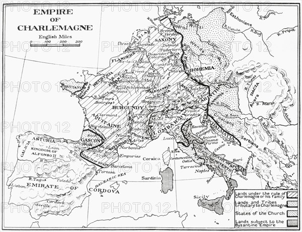 Map of France showing the Empire of Charlemagne.