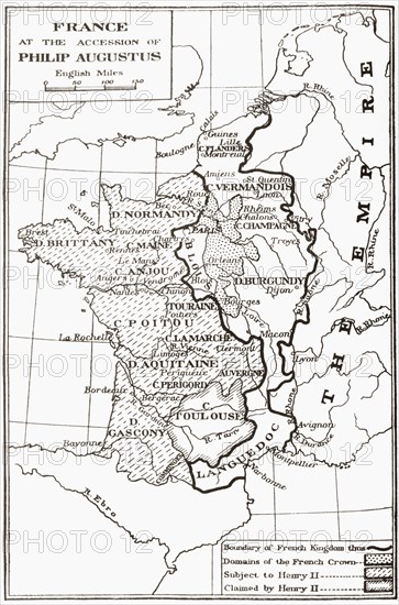 Map of France at the accession of Philip II, aka Philip Augustus.