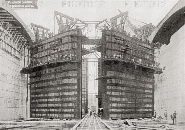 Riveters at work on the lock gates at Miraflores.