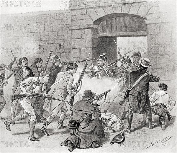 The "Steel Boys" or "Hearts of Steel" storming the barracks at Belfast, Ireland in 1770 in an attempt to rescue a prisoner.