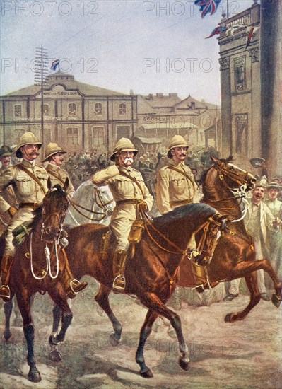Lord Roberts enters the city of Kimberley, South Africa after the relief of the besieged city during February 1900.