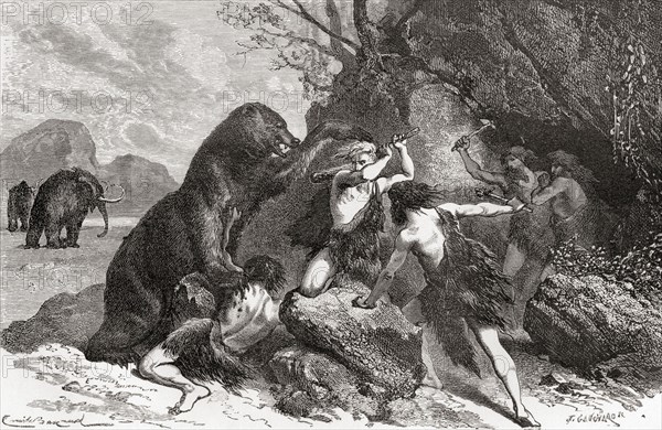 Prehistoric men fighting a great bear.