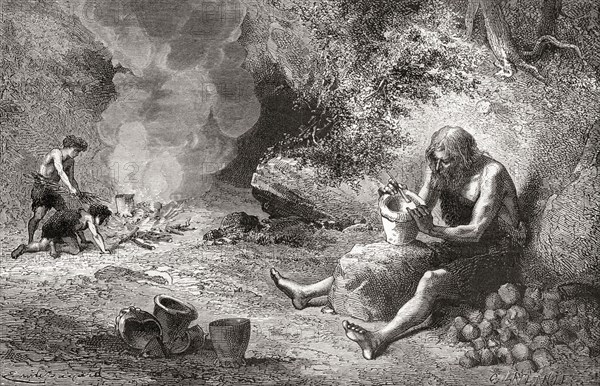 A potter at work during the Neolithic Age, New Stone Age or Age of the Polished Stone.