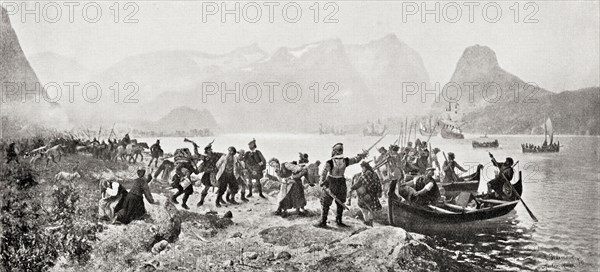 George Sinclair landing with his Scottish mercenary soldiers at Romsdal, Norway in 1612.