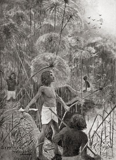 Ancient Egyptians using throw-sticks to kill wild birds in the marshes of the Nile.