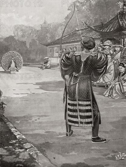 Li Yuan winning his wife at a shooting contest, the target was painted to resemble a peacock and both its eyes were put out by his arrows.