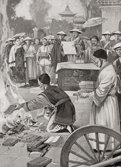 The burning of texts in 213 BC by the First Emperor of the Qin dynasty of ancient China, Qin Shi Huang.