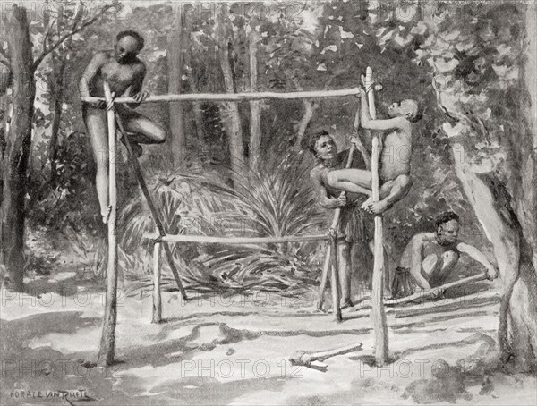 Early Indian natives building a shelter by tying together poles and covering with leaves.