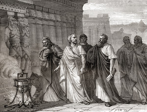 Hero demonstrating his aeolipile in front of the scholars of the school of Alexandria.