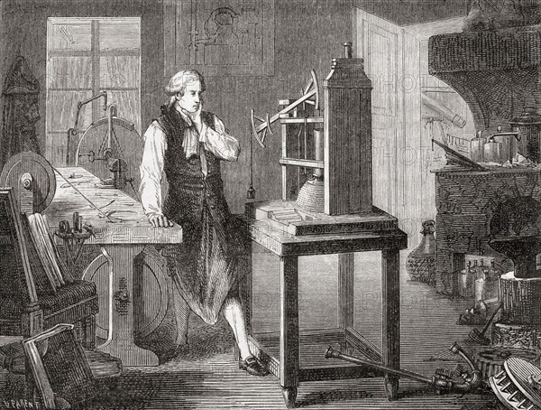 James Watt in his Glasgow workshop improving on Thomas Newcomen's 1712 Newcomen steam engine with his Watt steam engine in 1781.