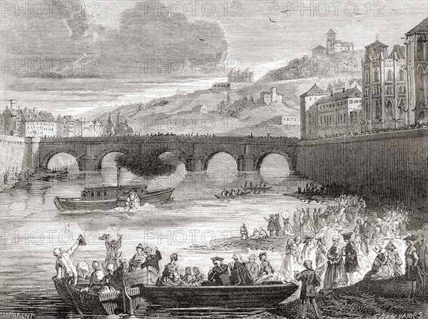 The first demonstration on the river Saone in France of the early experimental steamship Pyroscaphe.