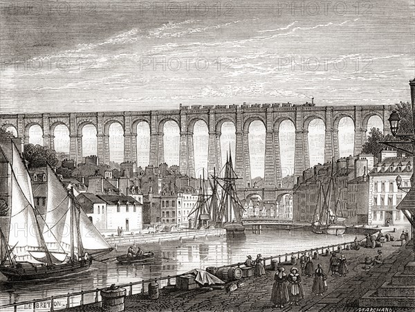 The railway from Paris to Brest crossing the Morlaix Viaduct, France.