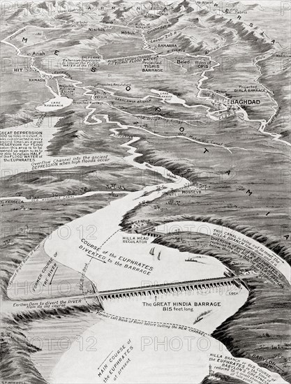 Bird's-eye view of Mesopotamia showing William Willcock's proposed scheme of irrigation.