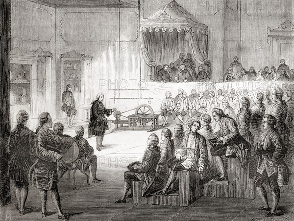 Nollet conducting a physics course at the college of Navarre in 1754.