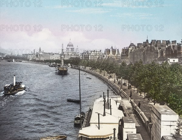 Looking along the Victoria Embankment towards St Pauls Cathedral.