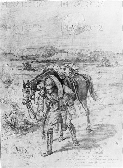 Lieutenant Norwood of the 5th Dragoon guards rescuing a wounded trooper under fire at Ladysmith.